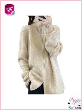 Wool Knit Zip Up Cardigan Turtleneck Long Sleeve Loose Fit Sweater